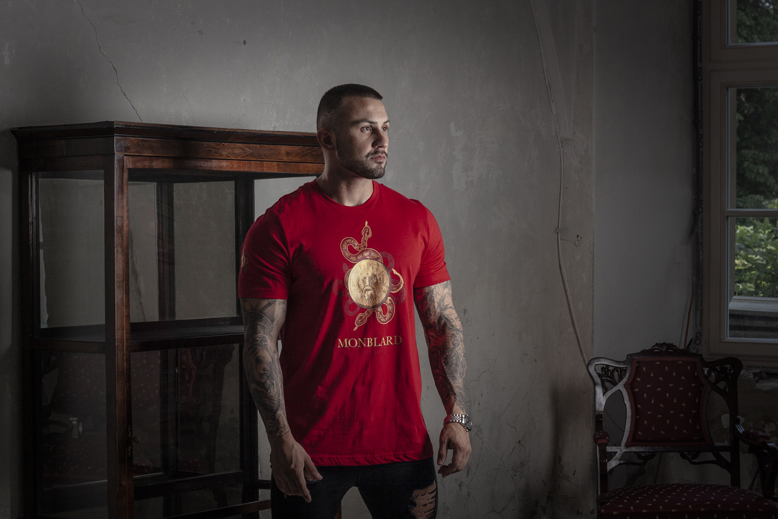 Red luxury roman t-shirt gold snake antique alchemy mysticism