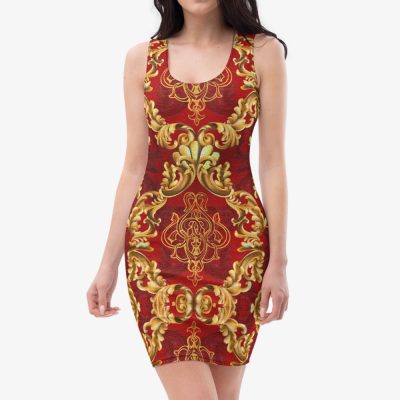 baroque luxury fitted mini dress gold and red